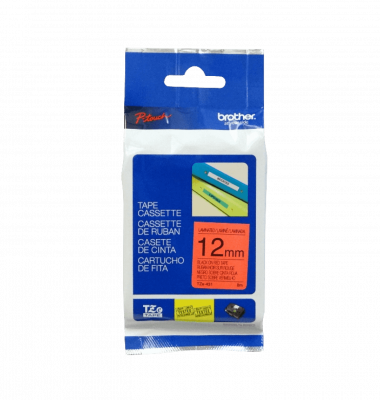 TZE-431 BROTHER Cinta laminada 12mm Texto negro sobre fondo rojo 8 metros Para equipos PT-H110/E300/E550/D600