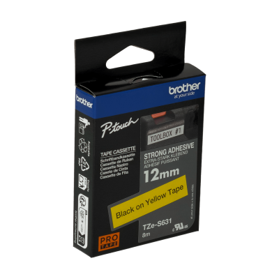 TZE-S631 BROTHER E-P 12mm Negro sobre Amarillo Cinta de 8 metros para PT-H110 Adhesivo Reforzado