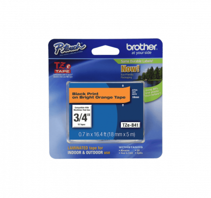 TZE-B41 BROTHER 18mm Negro en Fondo Naranjo-Fluor Cinta 5mt p/PT-E300/E550