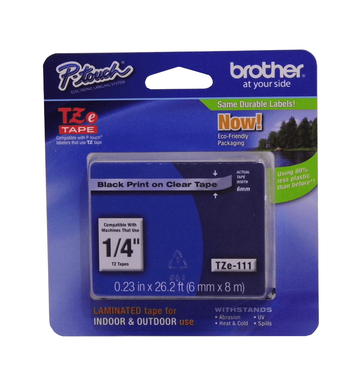 TZE-111 BROTHER 6mm Negro sobre Fondo Transparente Cinta 8mt p/PT-H110/D600/E300