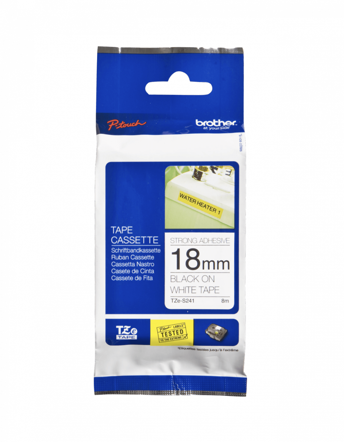 TZE-S241 Cartucho de cinta BROTHER de 18 mm con impresión negra sobre fondo blanco, longitud de 8 metros, compatible con PT-E300VP y adhesivo reforzado