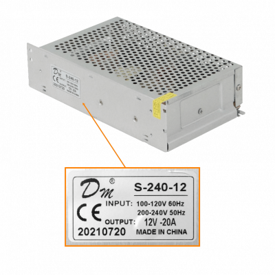 F12-W240 Fuente de alimentación ajustable de 240W, salida 12V 20A, grado protección IP20, entrada 110/245VAC