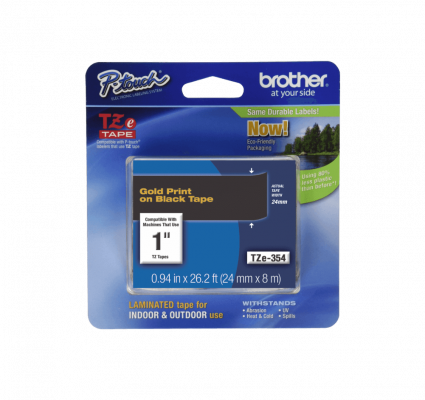 TZE-354 BROTHER Cinta de etiquetado de 24mm, impresión dorada sobre fondo negro, rollo de 8 metros, compatible con equipos PT-E550WVP, D600VP y P900W