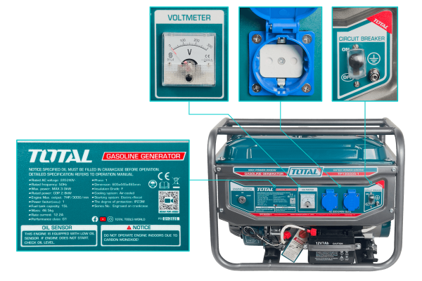 GENE-30 TOTAL 3000W Generador eléctrico de gasolina Depósito de 15L 220VAC TP130005-1
