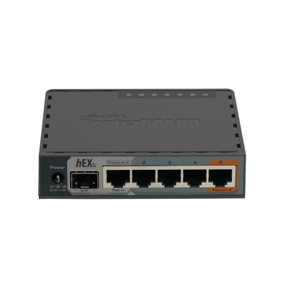 HEX S MIKROTIK 1 puerto SFP 2.5 Gbps, 5 puertos 10/100/1000 (1 con PoE), 2 cadenas 950 MHz, 256 MB, ranura microSD, USB, licencia nivel 4, incluye fuente 24V