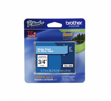 TZE-545 BROTHER Cinta de 18mm con texto blanco sobre base azul, longitud 8 metros, compatible con equipos PT-E300VP/D600VP/E550WVP