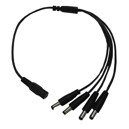 DCJ4P Divisor negro de 1 conector DC hembra a 4 DC macho 5,5x2,1mm con largo de 11mm y cables de 16cm+16cm