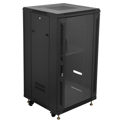 RK22-6LD LINKMADE Gabinete rack desarmable 22U con puerta de vidrio, 60cm de fondo, ventilador y PDU, 3 cajas
