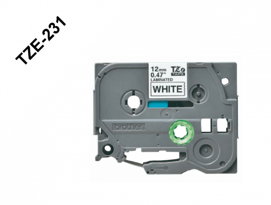 TZE-231 BROTHER 12mm Negro sobre Fondo Blanco Cinta 8mt para PT-H110/E300/E550