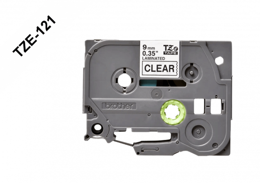 TZE-121 BROTHER 9mm Negro sobre Fondo Transparente Cinta 8 metros para PT-H110/E300/E550