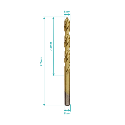 BROCA-8T Broca escalonada de acero rápido con recubrimiento de titanio, 8mm x 116mm