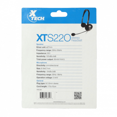 XTS-220 XTECH Diadema con Audífonos Estéreo y Micrófono Integrado 2 Conectores 3.5mm Macho