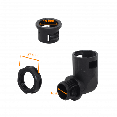 FLEP19-SC Accesorio Codo 19mm Salida Caja Prensaestopas para Conducto Flexible Plástico Negro