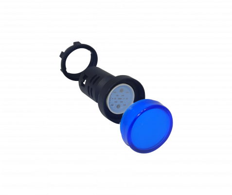 PILOTO-LED-A Indicador Luminoso Piloto LED Color Azul, Tensión 220VAC, Diámetro de Montaje 20mm, Diámetro de Cabeza 28mm, Altura Total 51mm