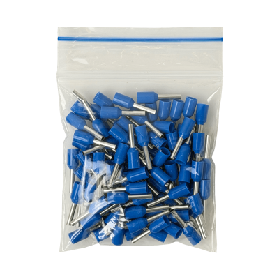E1008-A Terminales aislados engarzables de color azul para cable de 1,0mm², 8mm de largo y 15mm de diámetro, calibre AWG18, en paquete de 100 unidades