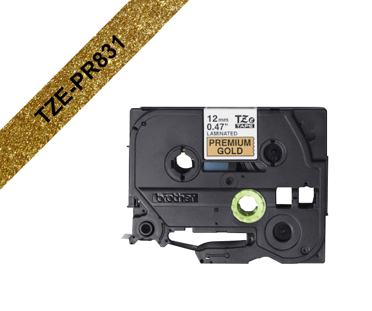 TZE-PR831 BROTHER Cinta de 12mm con Purpurina Negra sobre Base Dorada 8m para Rotuladores PT-H110/E300