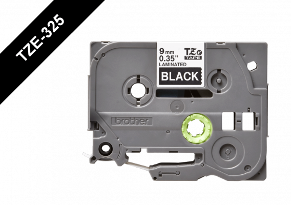 TZE-325 BROTHER Cinta de etiquetado 9mm caracteres blancos sobre fondo negro largo 8 metros para equipos PT-H110/E300/E550/D600