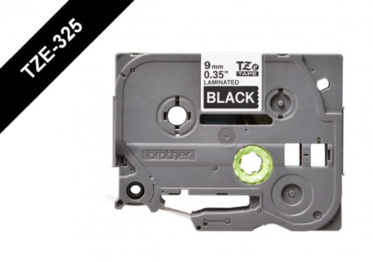 TZE-325 BROTHER Cinta de etiquetado 9mm caracteres blancos sobre fondo negro largo 8 metros para equipos PT-H110/E300/E550/D600