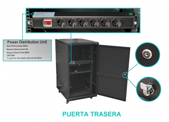RK22-8LF Rack 22U Ciego Fondo-80cm Ancho-19pulg Piso Ruedas Bandeja PDU