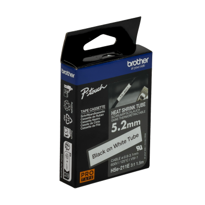 HSE-211E Cinta Termocontraíble BROTHER de 5,2mm Relación 0,8-3,1mm Negro sobre Blanco 1,5m