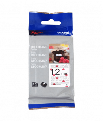 TZE-MPPH31 BROTHER Cinta de 12mm con fondo negro y estampado de corazones, longitud 4 metros, para equipos PT-H110/E300