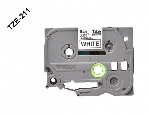 TZE-211 BROTHER 6mm Negro sobre Fondo Blanco Cinta 8mt para PT-H110/E300/E550/D600