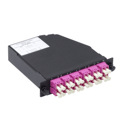 CALCOM4 OM4 24-LC 2-MPO/M Cassette de distribución para bastidor 1U-3 puertos 130mm Fibra óptica con conectores preinstalados