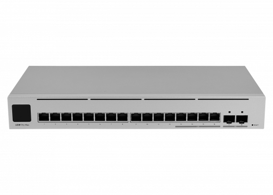 USW-PRO-MAX-16 UBIQUITI 12 Puertos 1GbE 4 Puertos 2.5GbE 2 Ranuras SFP+ de 10G Fuente USP opcional requerida Conmutador de Capa 3 UniFi