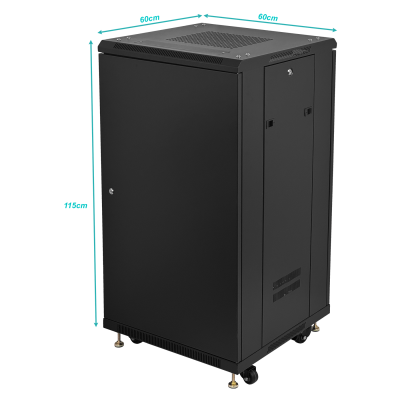 RK22-6LD LINKMADE Gabinete rack desarmable 22U con puerta de vidrio, 60cm de fondo, ventilador y PDU, 3 cajas