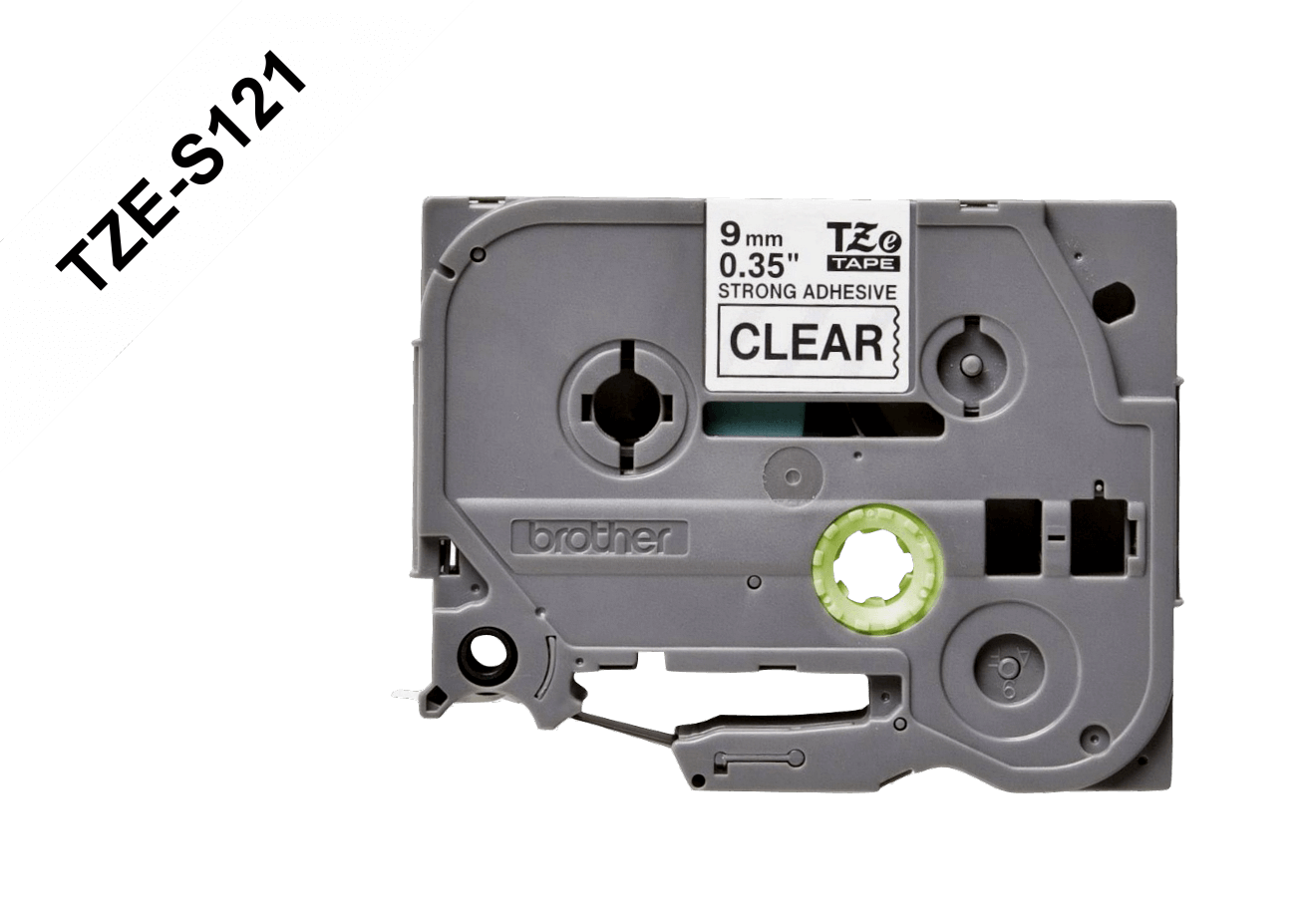 TZE-S121. Cinta adhesiva BROTHER serie E-P de 9 milímetros, impresión negra sobre fondo transparente, longitud 8 metros, formulación de adhesión reforzada
