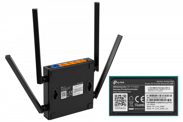 C50 Router TP-LINK AC1200 con velocidad de 867 Mbps en banda de 5 GHz y 300 Mbps en banda de 2.4 GHz equipado con 4 antenas fijas, 4 puertos de 100 Mbps y 1 puerto WAN