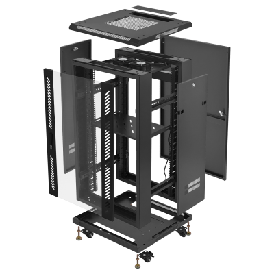 RK22-6LD LINKMADE Gabinete rack desarmable 22U con puerta de vidrio, 60cm de fondo, ventilador y PDU, 3 cajas
