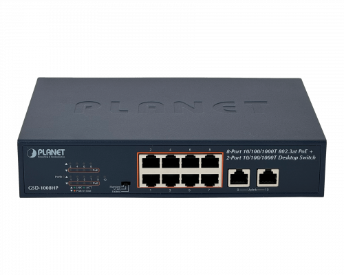 GSD-1008HP PLANET 10/1000 Mbps (8 puertos PoE+ 802.3af/at) 120W totales Switch no administrable para montaje en rack de 10 pulgadas, compatible con rack de 19 pulgadas
