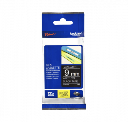 TZE-325 BROTHER Cinta de etiquetado 9mm caracteres blancos sobre fondo negro largo 8 metros para equipos PT-H110/E300/E550/D600