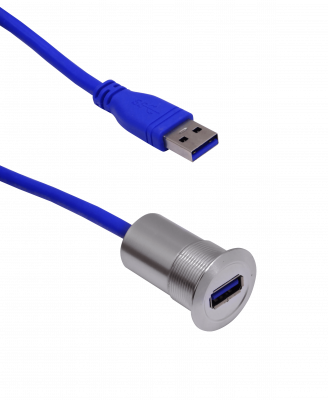 USB3-22MM Panel con diámetro de montaje M22mm y cabezal de 28mm, cable USB-A hembra a USB-A macho USB 3.0 de 60cm con altura total de 34mm