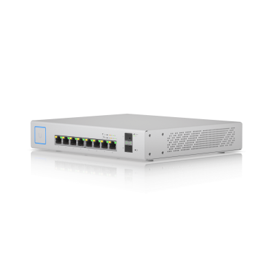 US8-150W UBIQUITI Conmutador de 8 puertos Gigabit con PoE pasivo 24V y 802.3af/at, presupuesto total 120W, 2 puertos SFP, requiere controladora UniFi