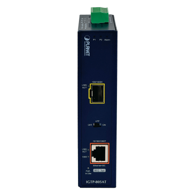 IGTP-805AT Planet Convertidor de Medios Industrial 1-Puerto 1000-PoE y 1-SFP para Riel-DIN requiere-Fuente