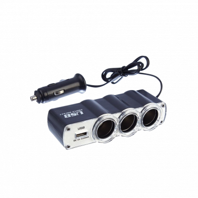 WF-0120 Adaptador 3-Tomas-Hembra Vehicular 1-Puerto-USB-Hembra-AH 5VDC 0,5A 12V/24V-Enchufe-Encendedor