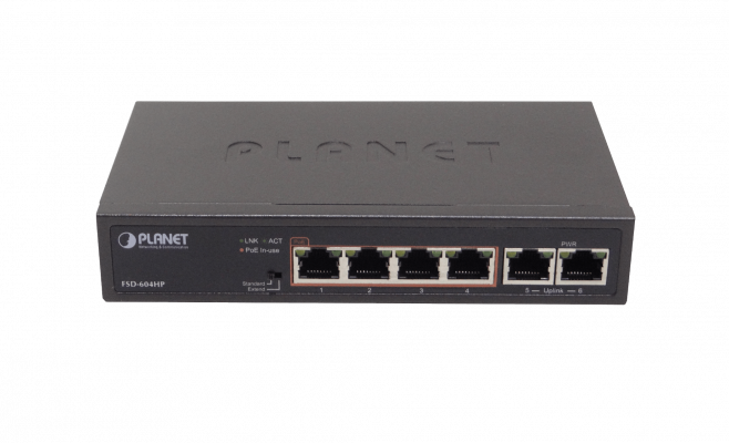 FSD-604HP PLANET Switch no administrable 6 puertos 100Mbps (4 PoE+ af/at) Extensión 250m Presupuesto total 60W No montable en rack