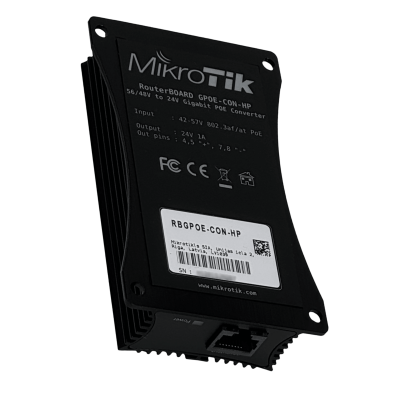 RBGPOE-CON-HP MIKROTIK DC-DC 48V-entrada(42-57V)-af 24V-salida 24W Transformador PoE-RJ45