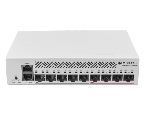 CRS310-1G-5S-4S+IN MIKROTIK Licencia nivel 5 Cinco puertos SFP Cuatro puertos SFP+ de 10 Gigabits Un puerto Gigabit Ethernet con PoE de entrada Alimentación por conector DC Incluye adaptador de 24 voltios Switch gestionable