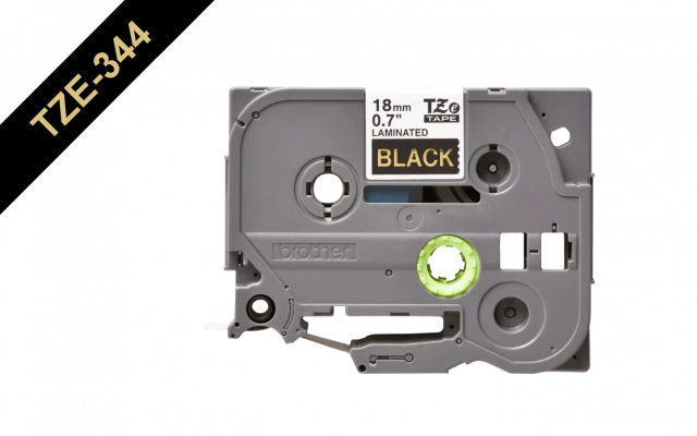 TZE-344 BROTHER 18mm Dorado sobre Negro Cinta 8 metros para PT-E300/E550/D600
