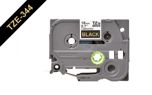 TZE-344 BROTHER 18mm Dorado sobre Negro Cinta 8 metros para PT-E300/E550/D600