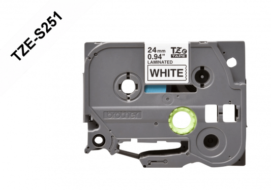 TZE-S251 BROTHER cinta de rotulación 24mm negro sobre blanco, largo 8 metros, compatible con equipos PT-E550WVP/D600VP