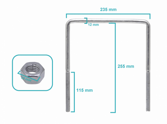 KTL0002 Sujetador de 1/2 Pulgada para Poste con Tuercas de 19mm, Dimensiones 235x255x12x115mm