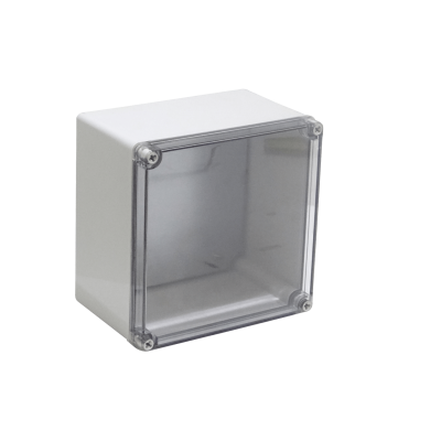 AT-2020 Caja de ABS 200x200x130mm con grado de protección IP66, cubierta transparente y panel de aluminio