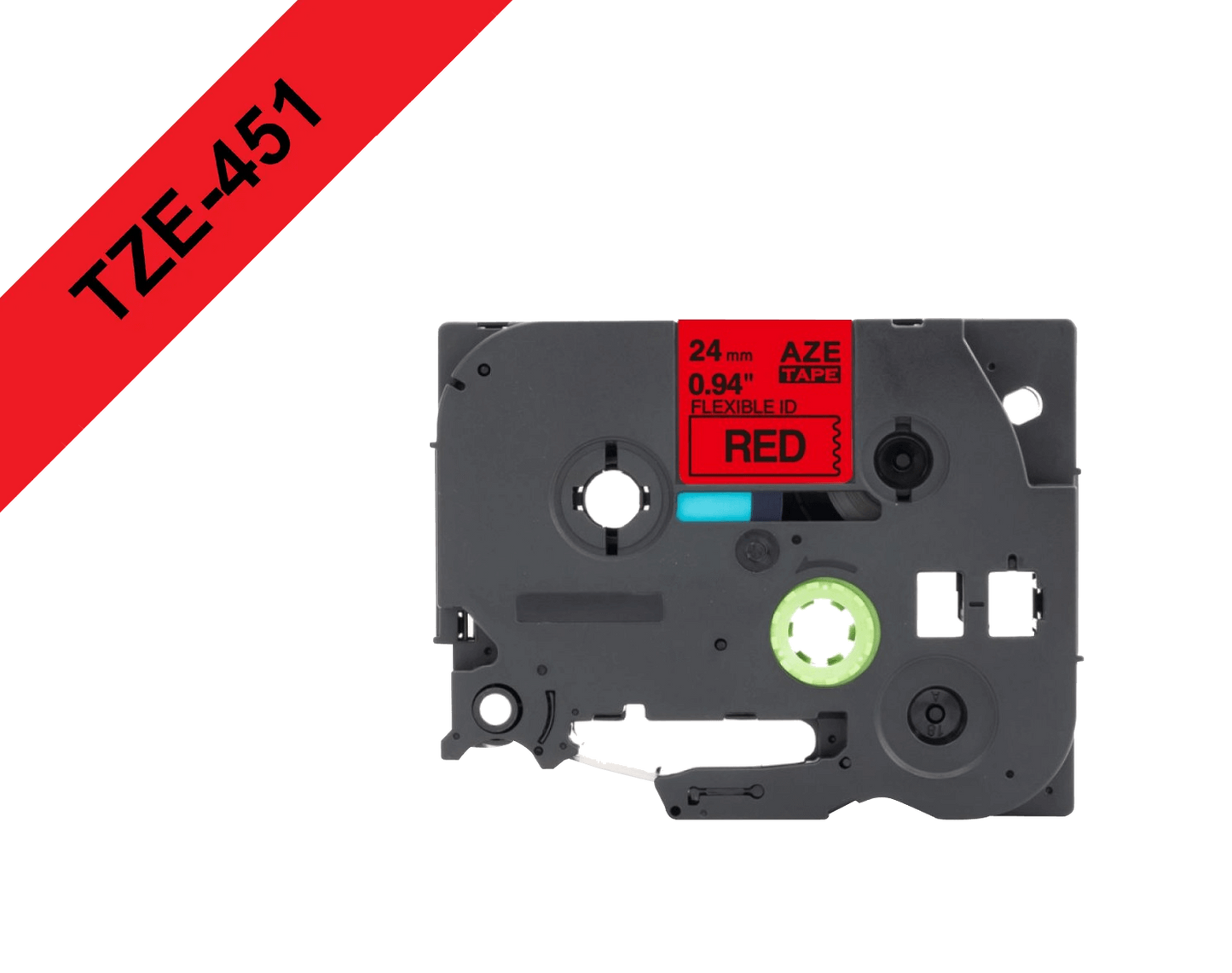 TZE-451 Cinta de 24mm para rotuladora BROTHER, impresión negra sobre base roja, 8 metros, compatible con PT-E550WVP/D600VP/P900W