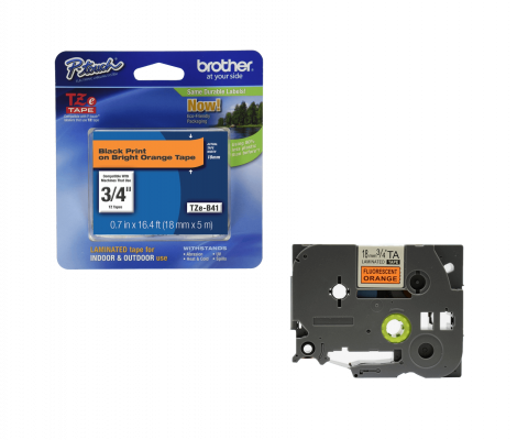 TZE-B41 BROTHER 18mm Negro en Fondo Naranjo-Fluor Cinta 5mt p/PT-E300/E550