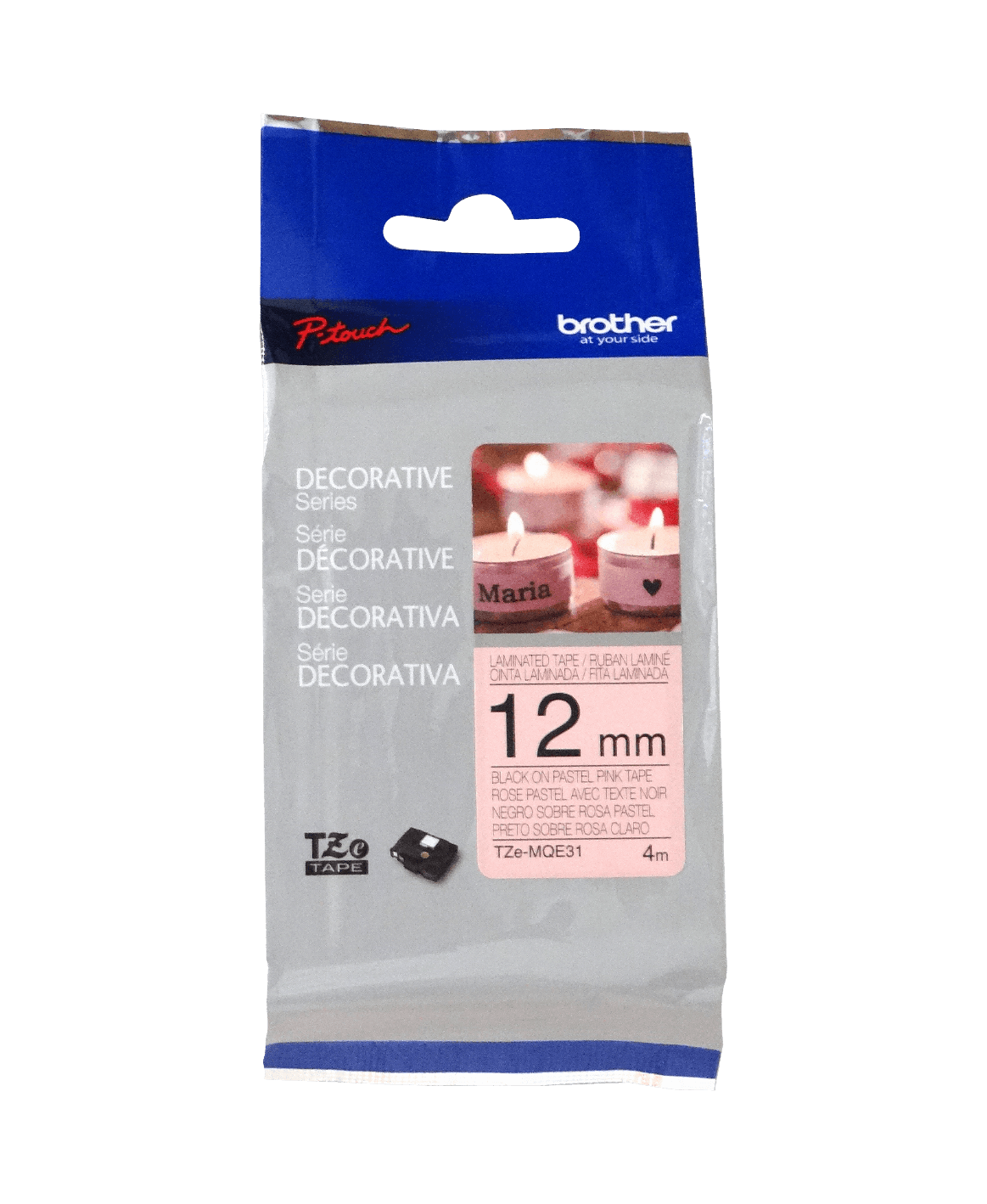 TZE-MQE31 BROTHER 12mm Negro sobre Fondo Rosa Claro Cinta 4m para PT-H110/E110/H200