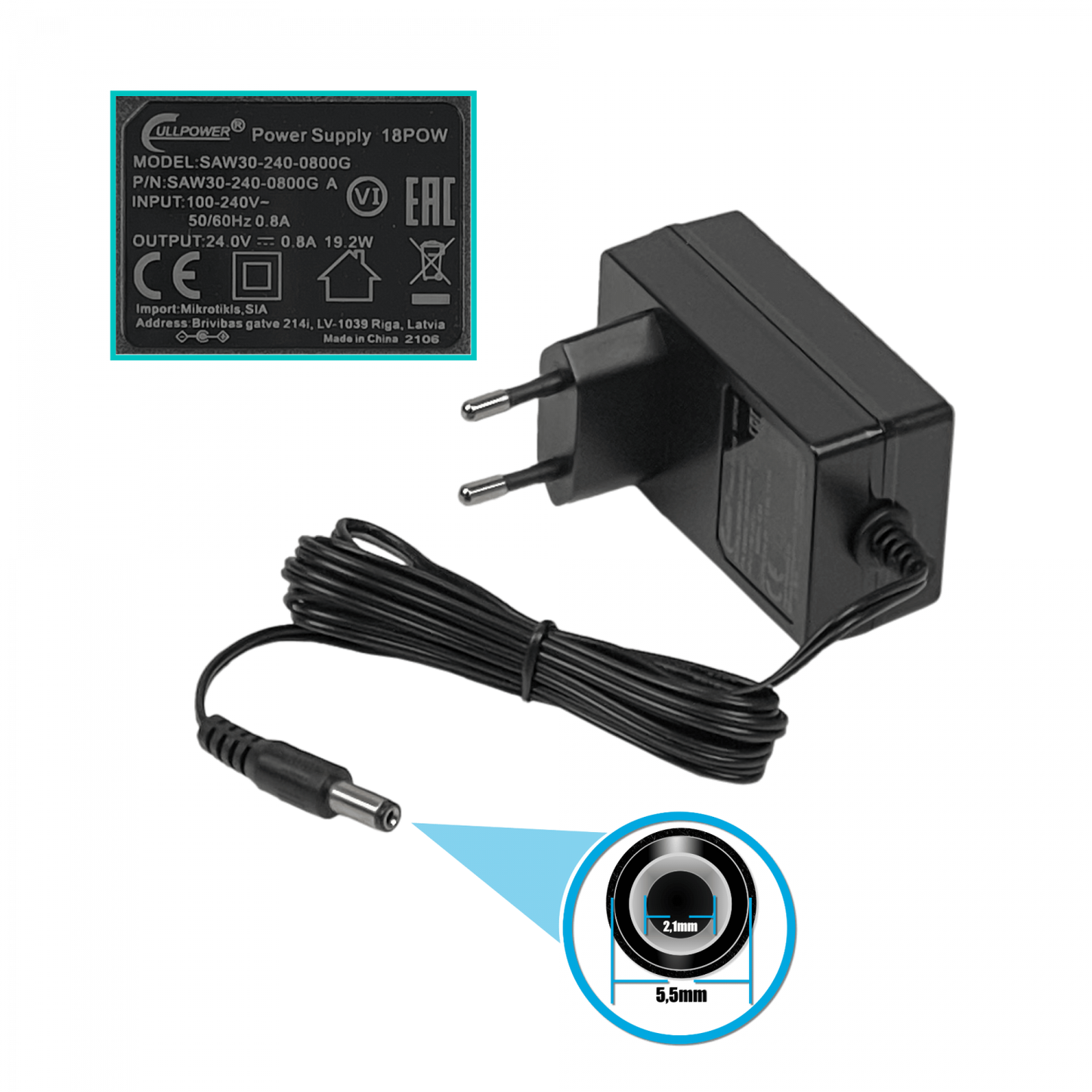 18POW MIKROTIK 24VDC 0.8A 18W 0,8A CONECTOR FUENTE DE ALIMENTACIÓN Conector-5,5x2,1mm